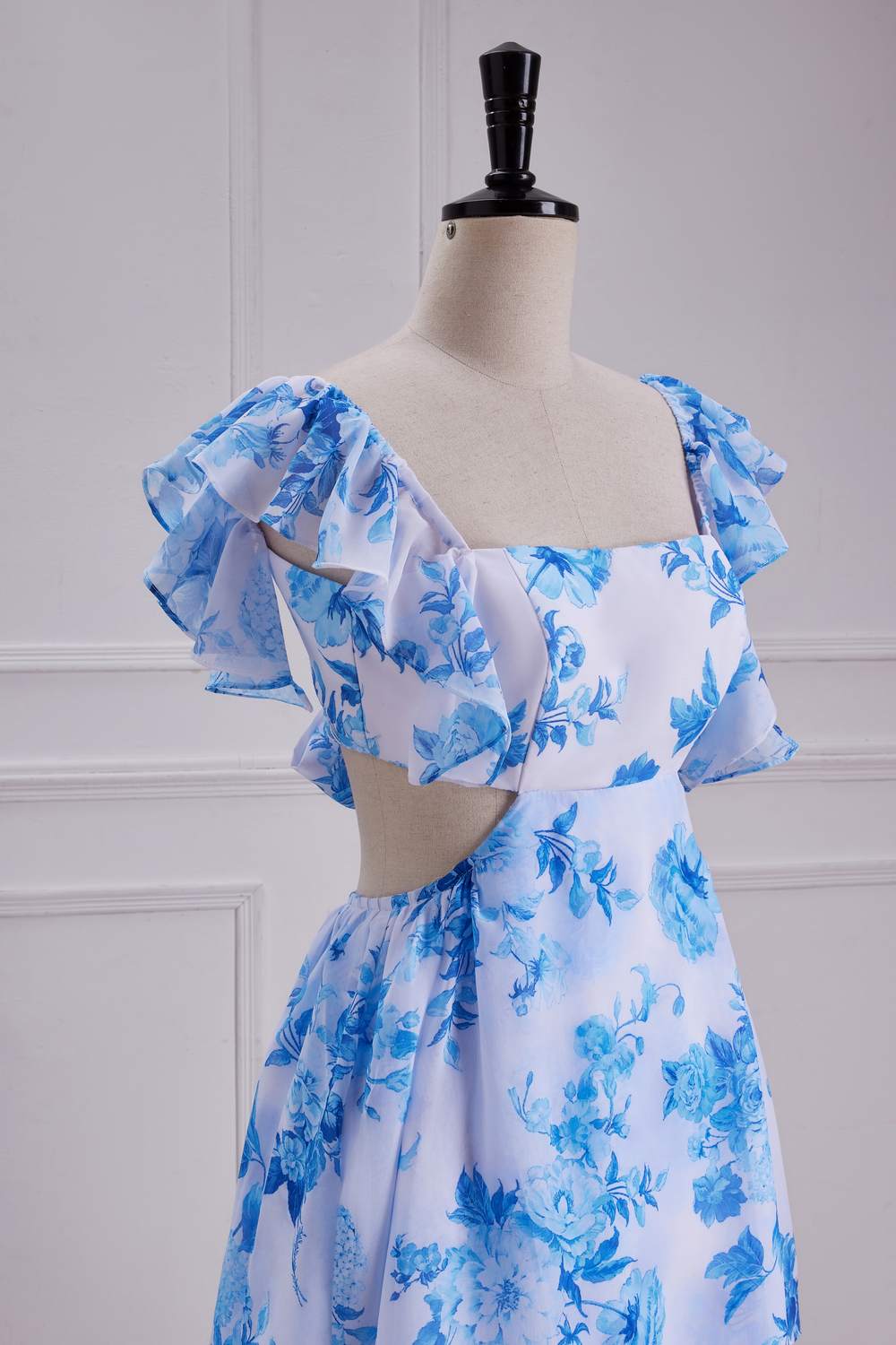 Flutter Sleeves Blue Floral A-line Long Bridesmaid Dress