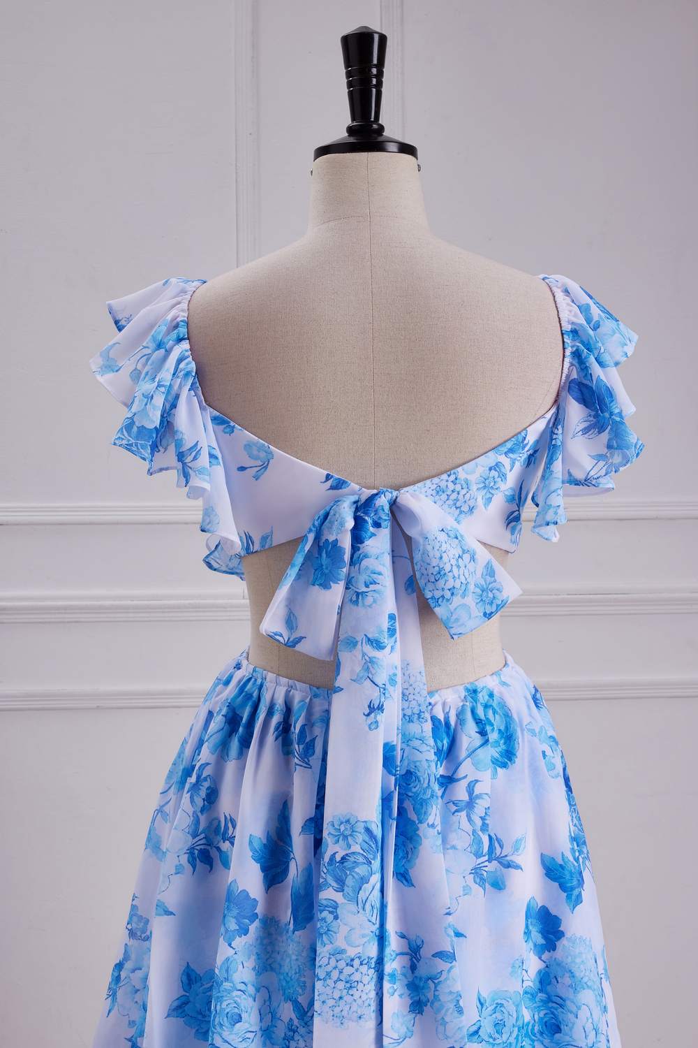 Flutter Sleeves Blue Floral A-line Long Bridesmaid Dress