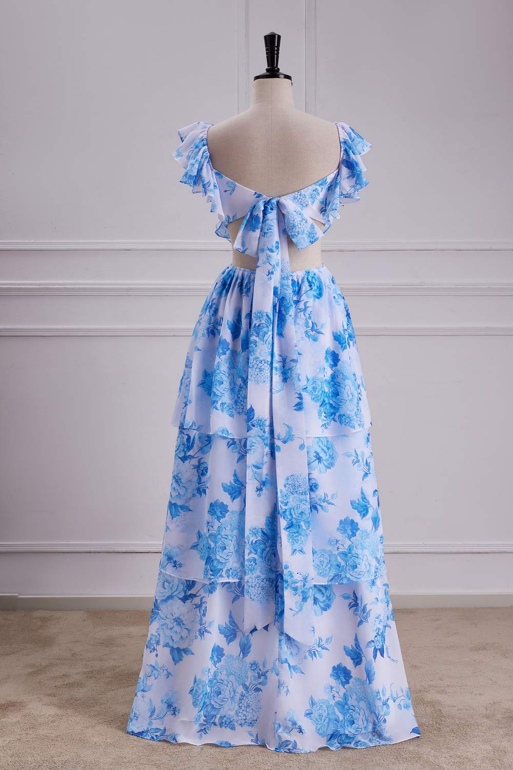 Flutter Sleeves Blue Floral A-line Long Bridesmaid Dress