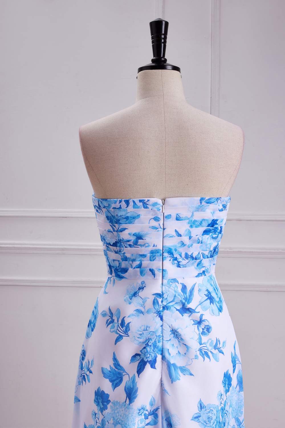 Strapless Blue Floral Chiffon A-line Long Bridesmaid Dress