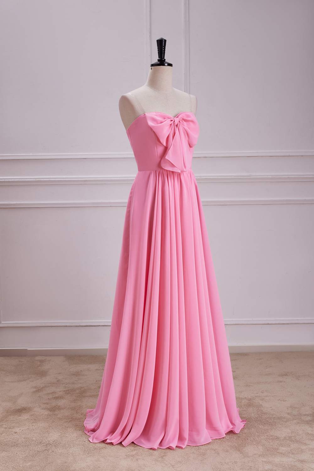 Chiffon Strapless Candy Pink Bow A-line Long Bridesmaid Dress