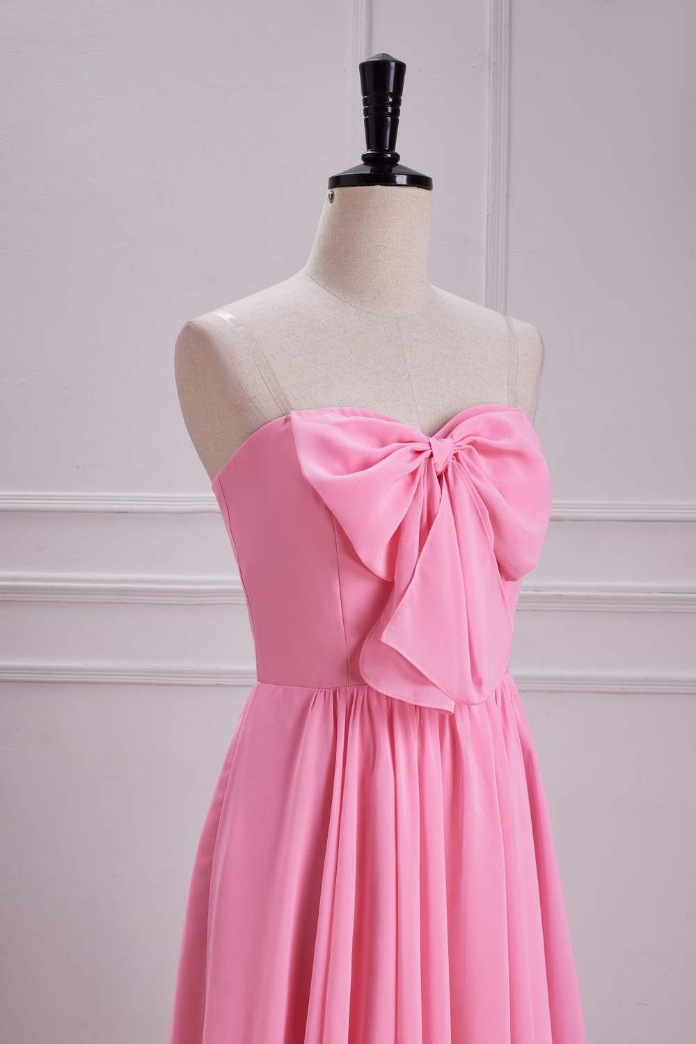 Chiffon Strapless Candy Pink Bow A-line Long Bridesmaid Dress