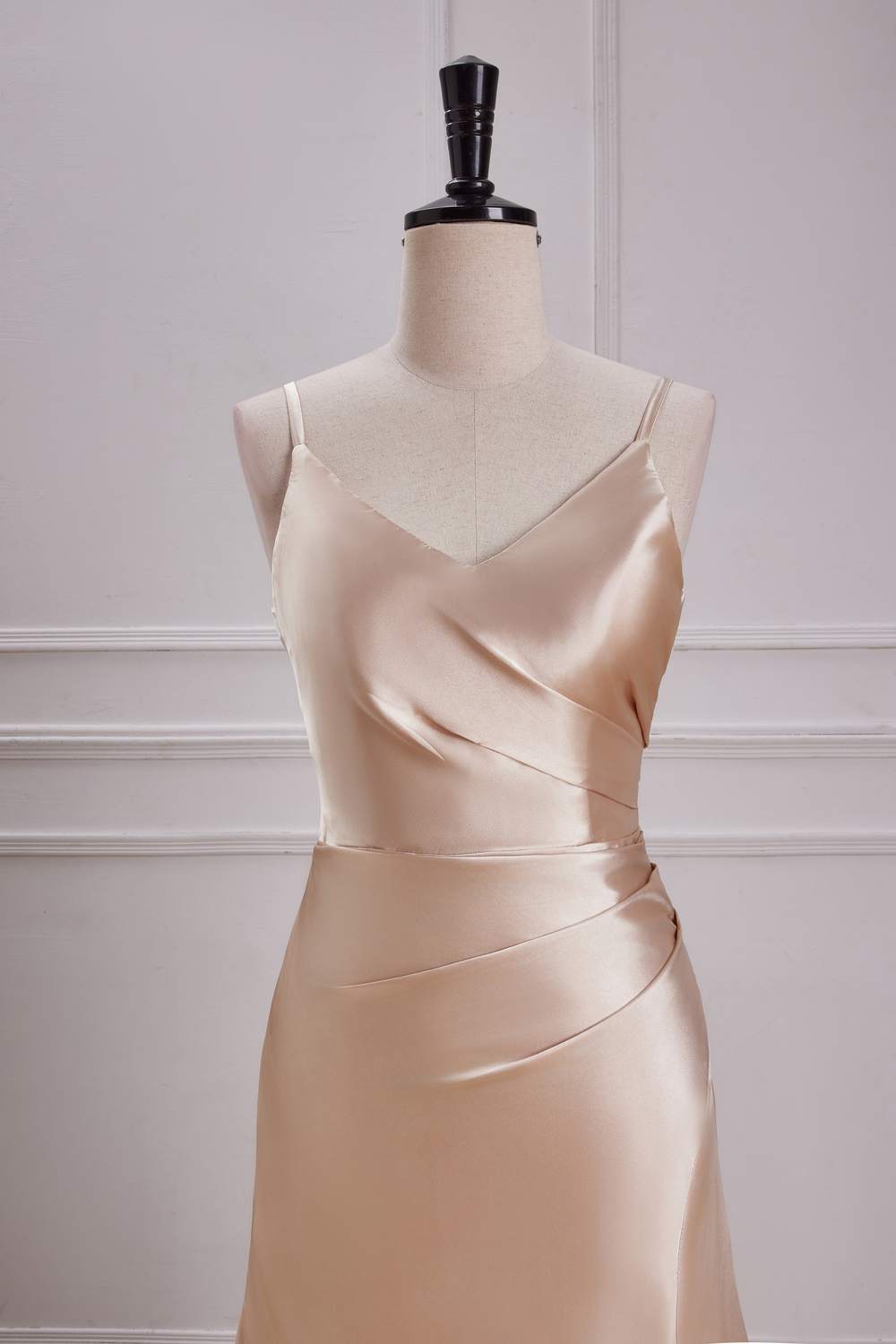 Spaghetti Straps Champagne V-Neck A-line Slit Long Bridesmaid Dress