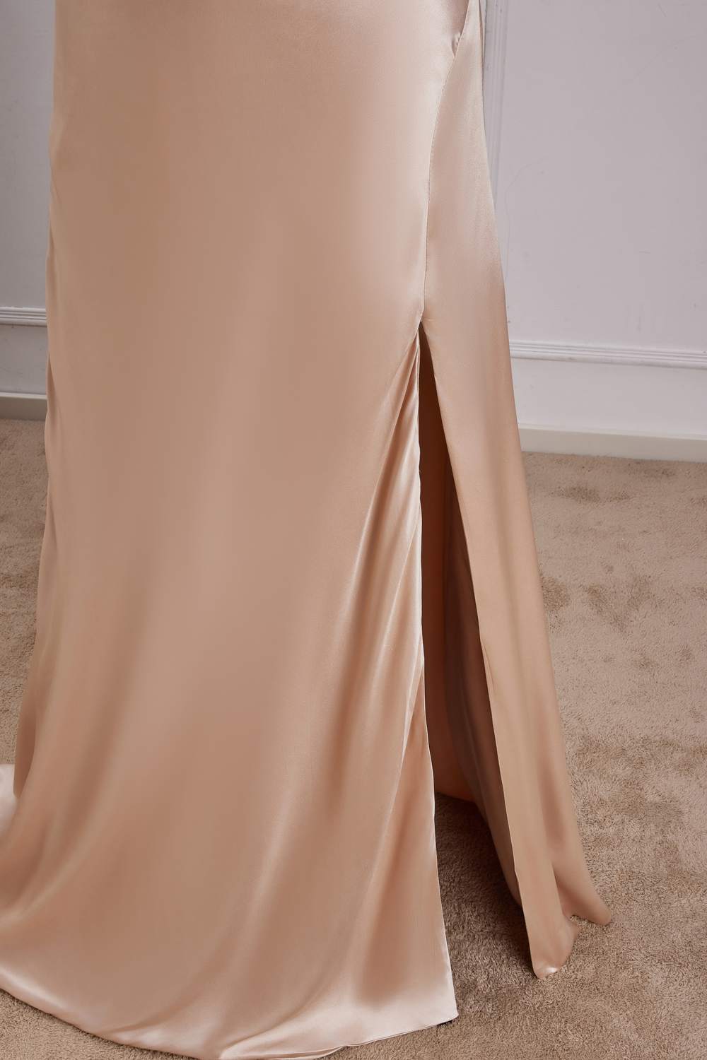 Spaghetti Straps Champagne V-Neck A-line Slit Long Bridesmaid Dress