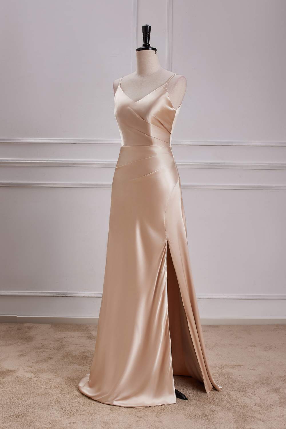 Spaghetti Straps Champagne V-Neck A-line Slit Long Bridesmaid Dress