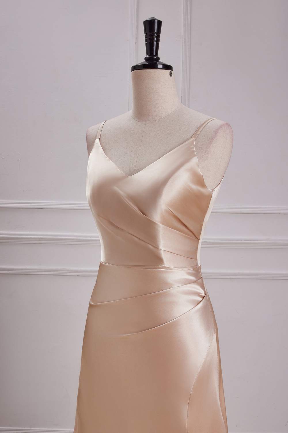 Spaghetti Straps Champagne V-Neck A-line Slit Long Bridesmaid Dress