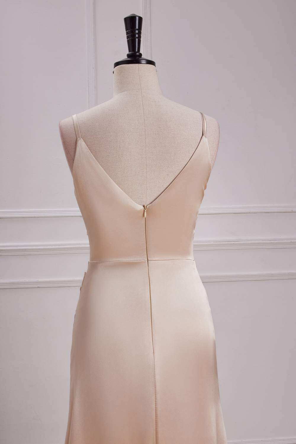 Spaghetti Straps Champagne V-Neck A-line Slit Long Bridesmaid Dress