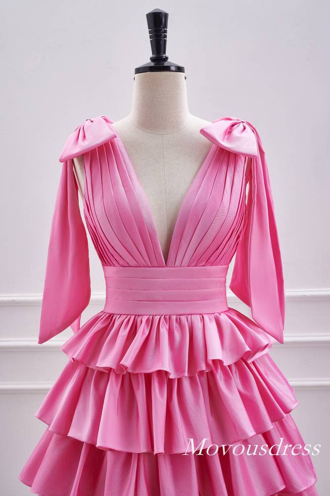 Pink V-Neck Tiered A-Line Homecoming Dress with Bow Tie