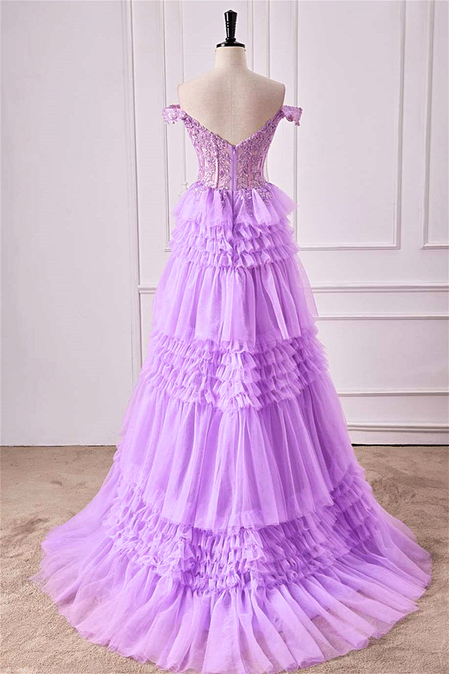 Off-Shoulder Lavender Lace Applique A-line Ruffle Long Prom Dress