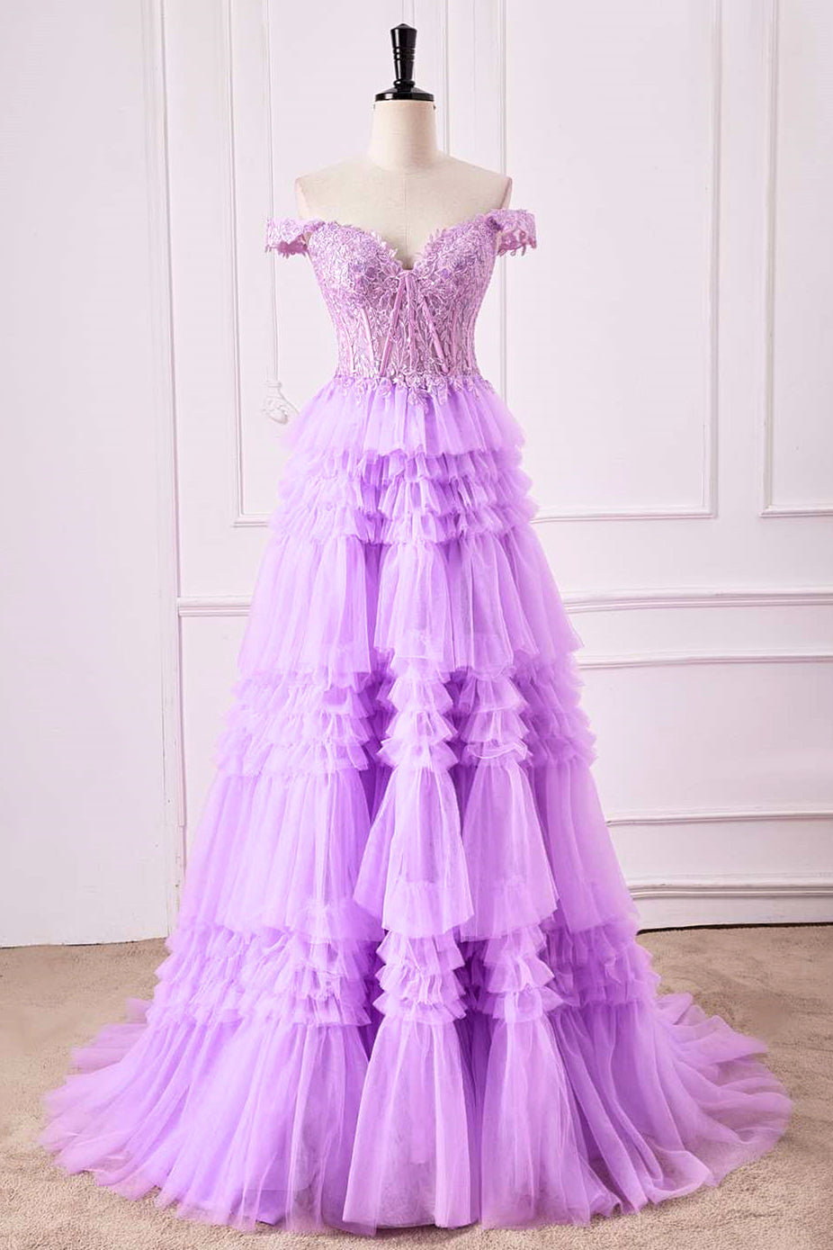Off-Shoulder Lavender Lace Applique A-line Ruffle Long Prom Dress
