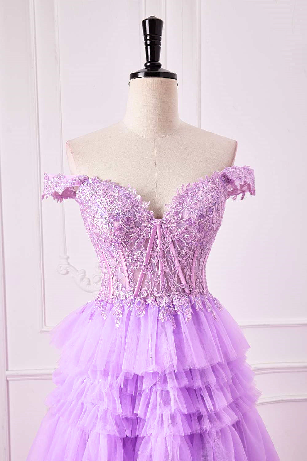 Off-Shoulder Lavender Lace Applique A-line Ruffle Long Prom Dress