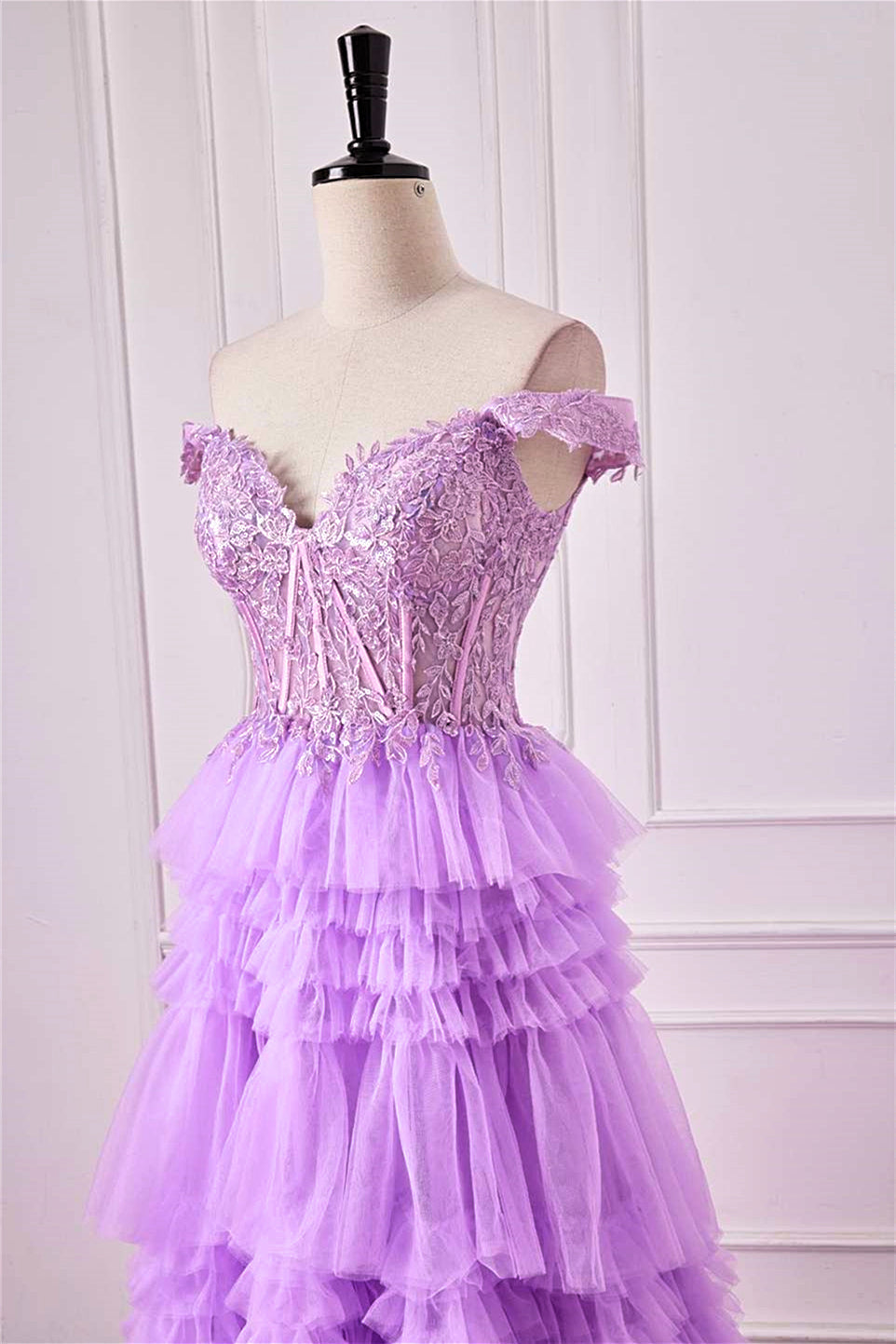 Off-Shoulder Lavender Lace Applique A-line Ruffle Long Prom Dress