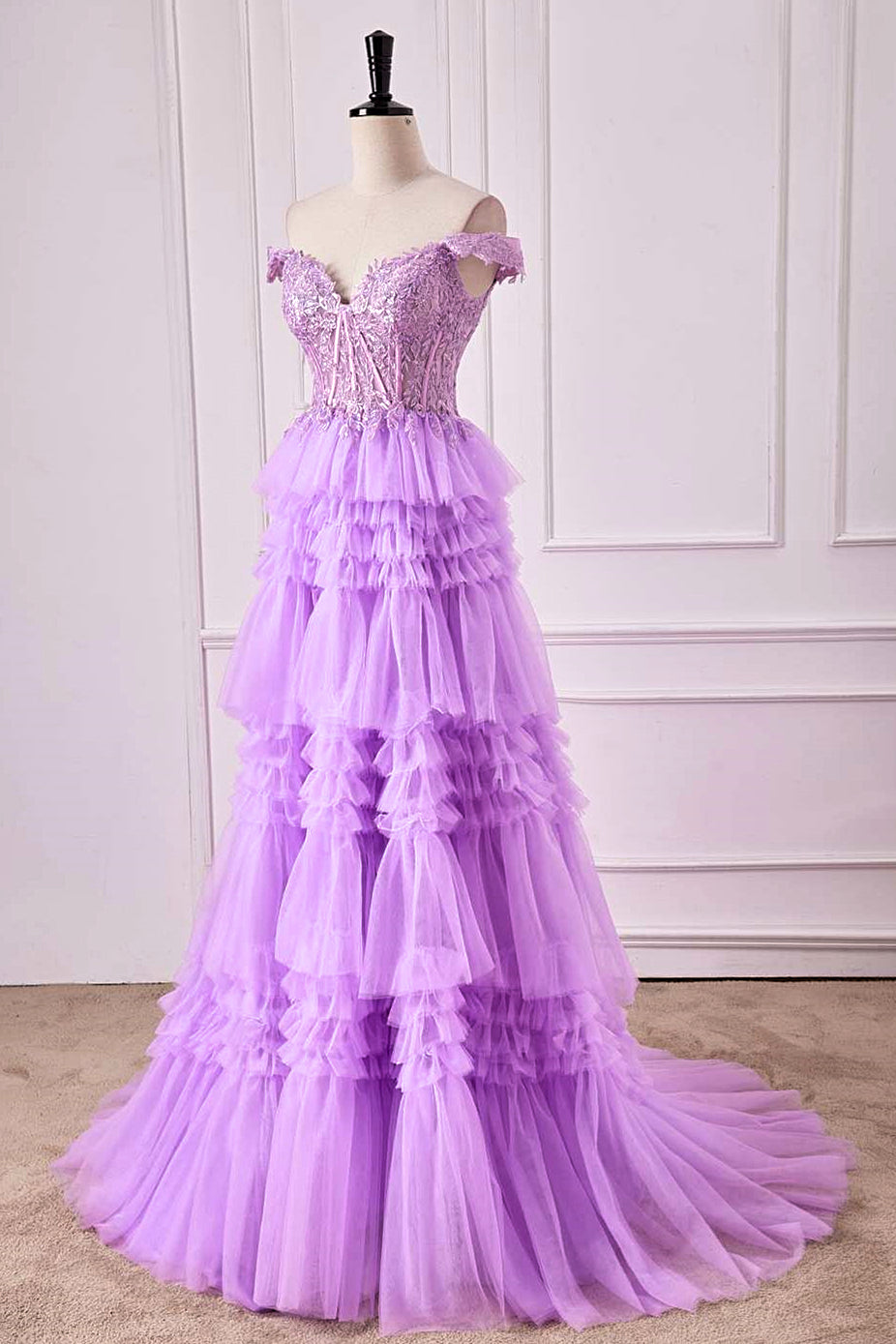 Off-Shoulder Lavender Lace Applique A-line Ruffle Long Prom Dress