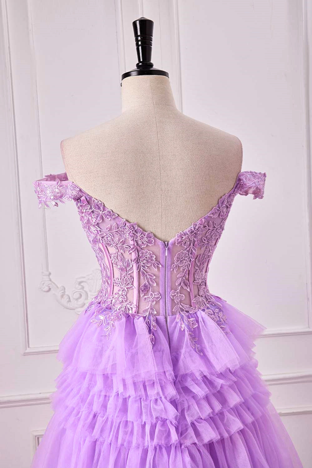 Off-Shoulder Lavender Lace Applique A-line Ruffle Long Prom Dress