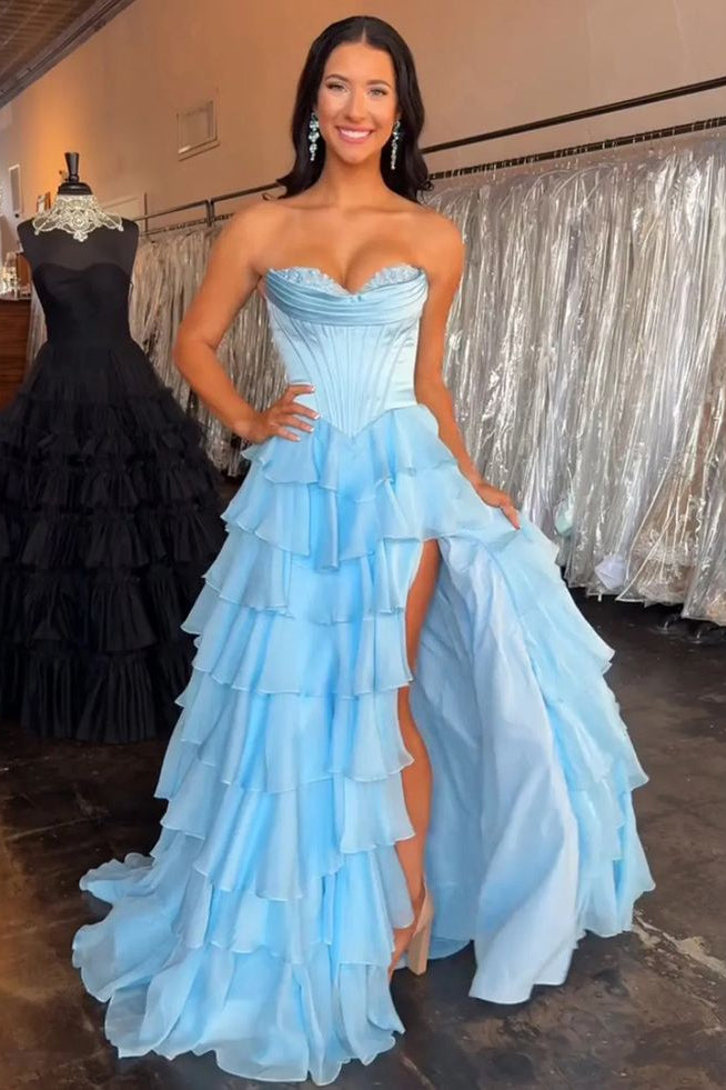 A-Line Sweetheart Strapless Tiered Formal Prom Dress