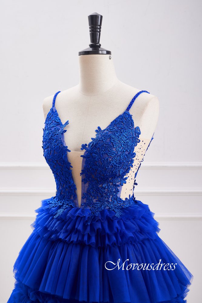 Plunging Neck Royal Blue Applique Ruffle Homecoming Dress