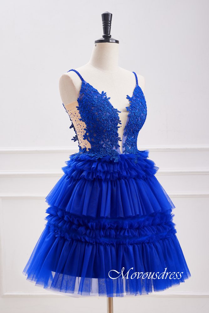 Plunging Neck Royal Blue Applique Ruffle Homecoming Dress