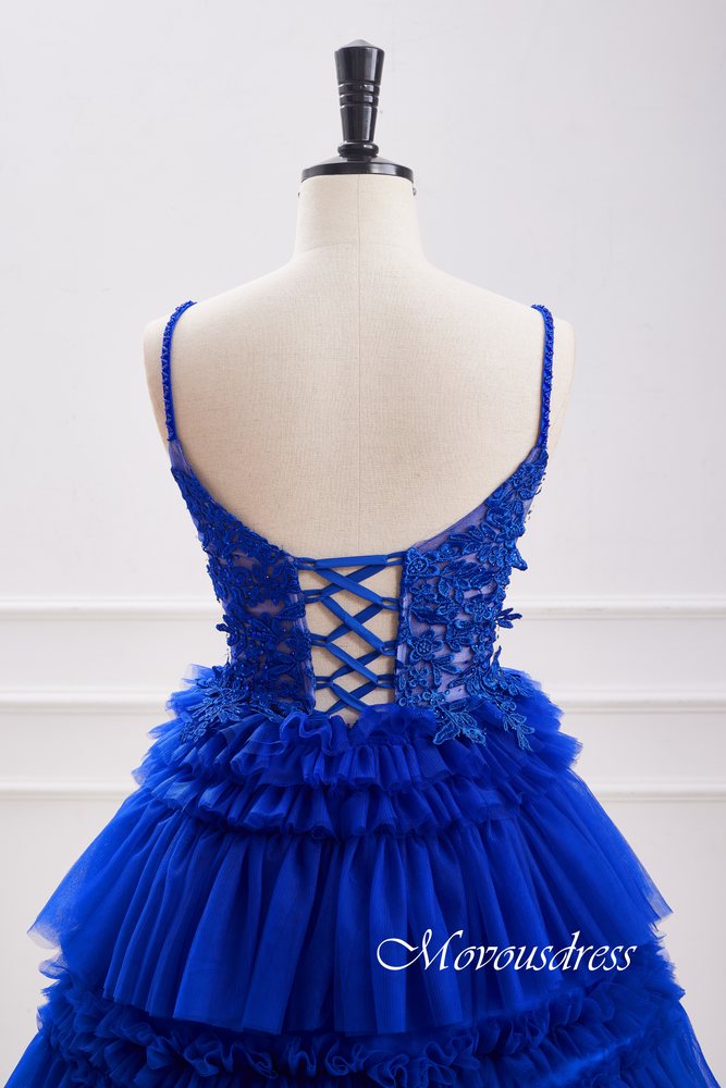 Plunging Neck Royal Blue Applique Ruffle Homecoming Dress