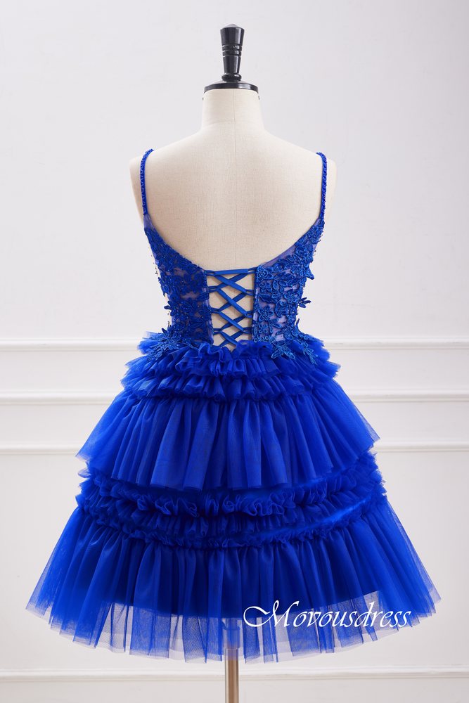 Plunging Neck Royal Blue Applique Ruffle Homecoming Dress