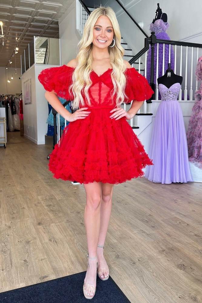 Pink Ruffle A-line Tulle Homecoming Dress with Puff Sleeves