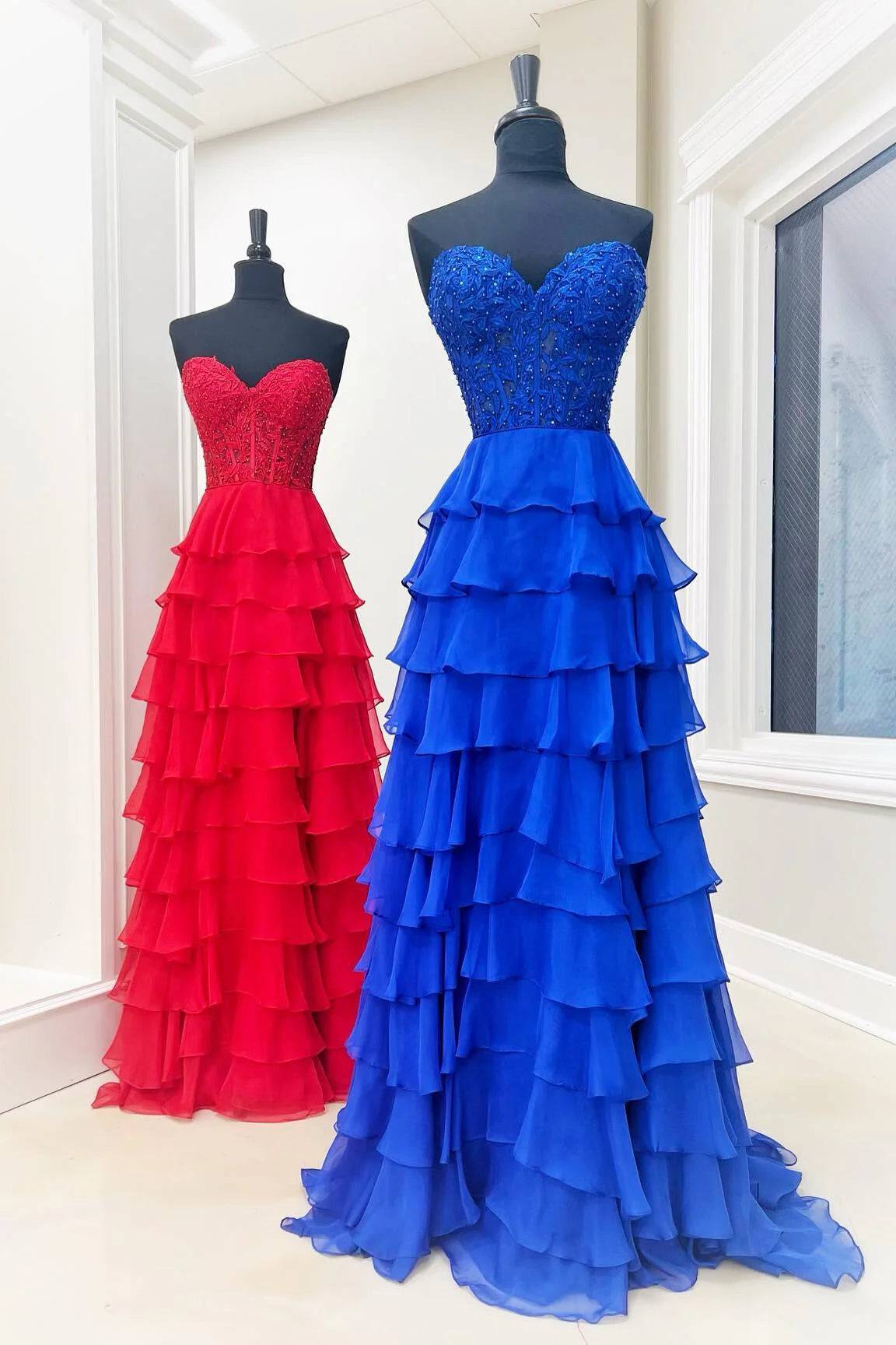 Casual Satin A-Line Sweetheart Strapless Tiered Long Prom Dress