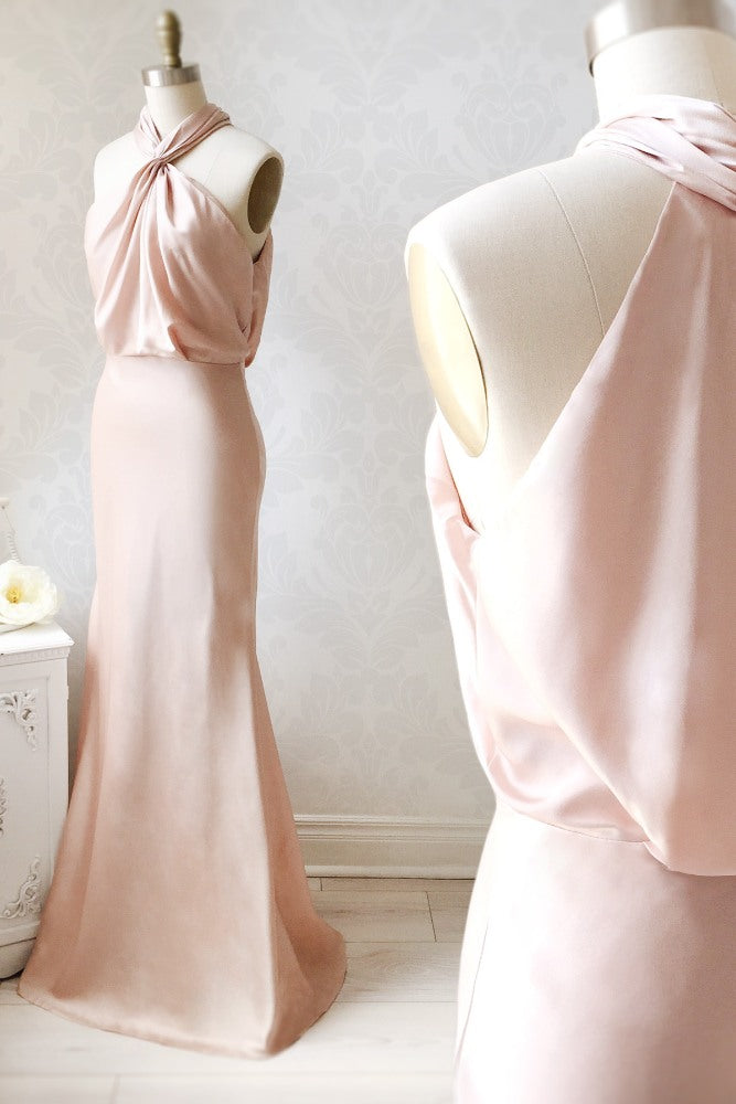 Pink Cross Halter Satin Bridesmaid Dress