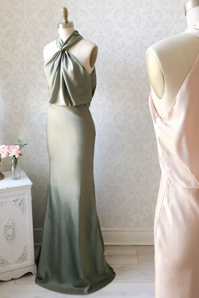 Sage Green Cross Halter Satin Bridesmaid Dress