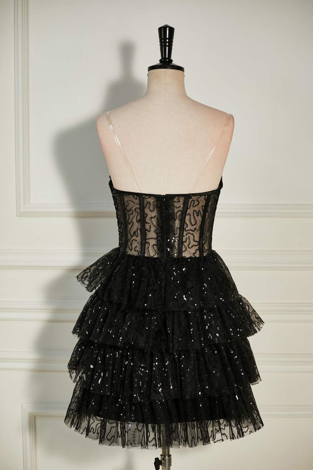 Strapless Black Lace Applique Ruffle Tulle Homecoming Dress