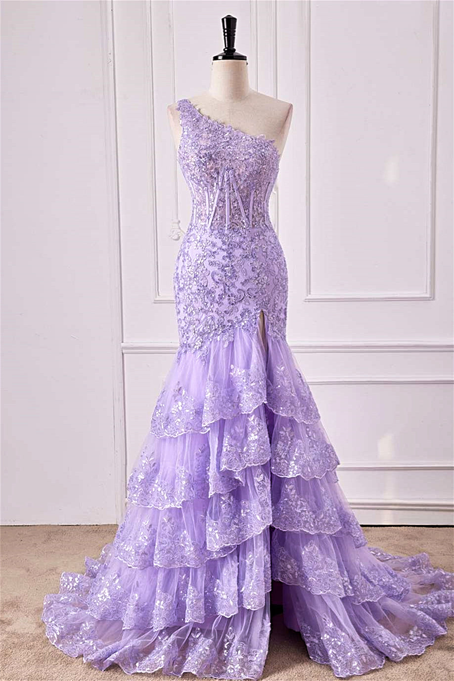One Shoulder Lavender Lace Sequined Slit Mermaid Long Prom Dress