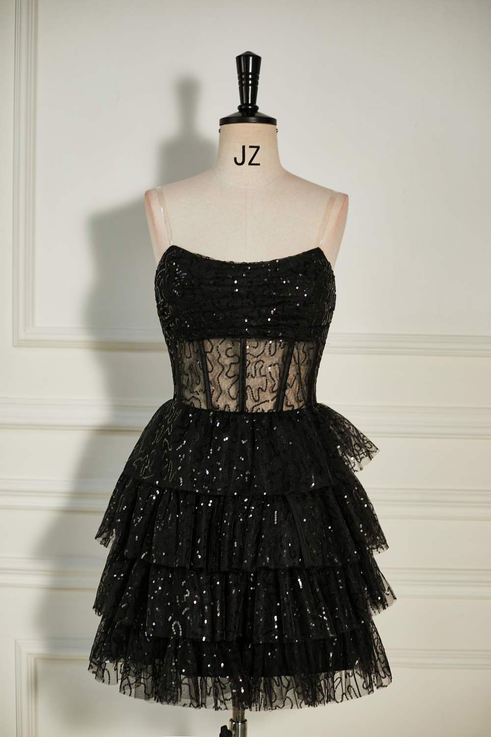 Strapless Black Lace Applique Ruffle Tulle Homecoming Dress