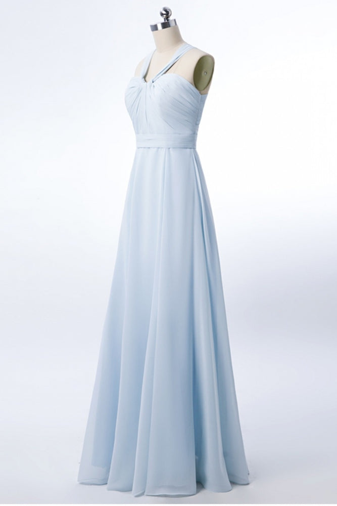 Ice Blue Halter Pleated A-Line Bridesmaid Dress