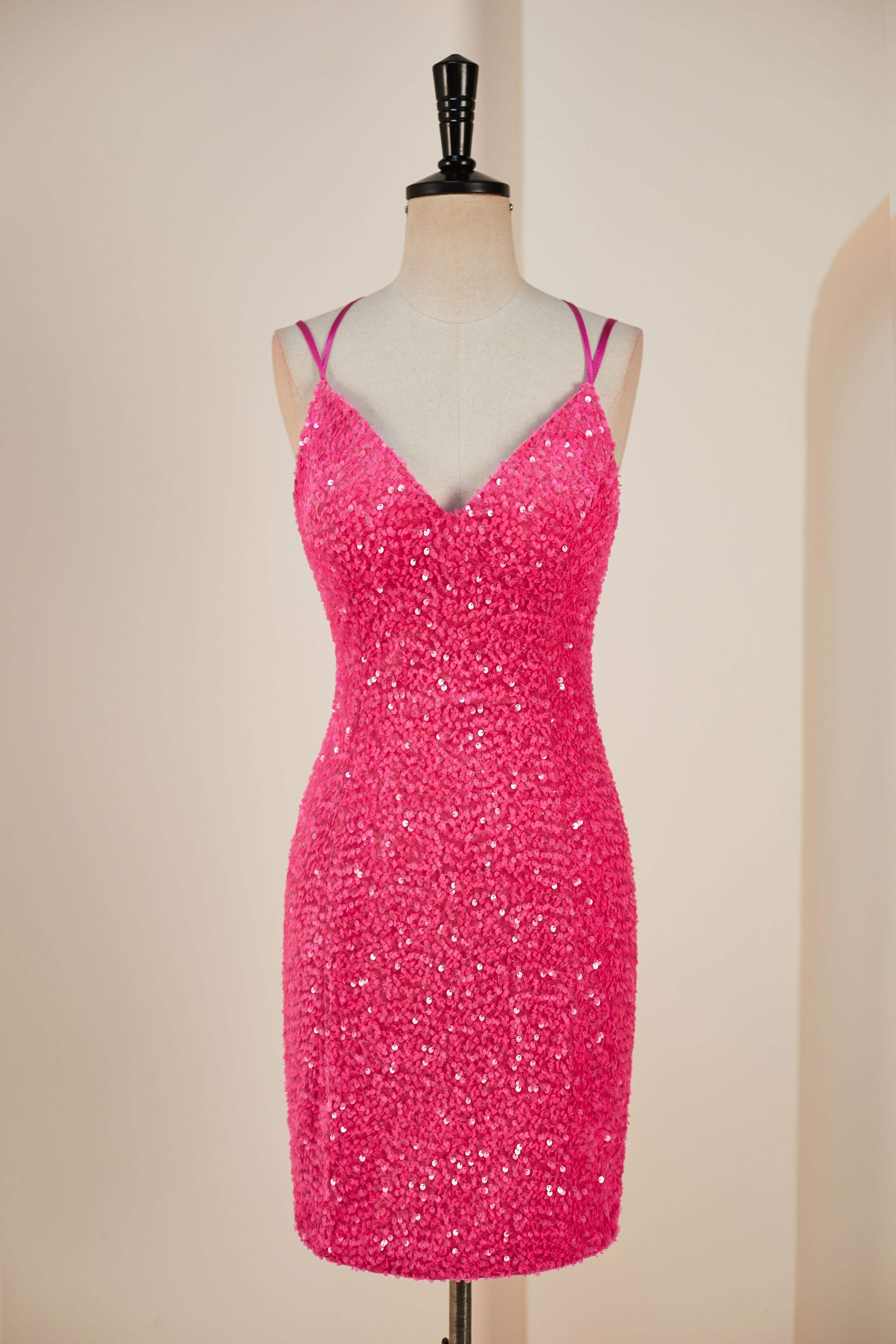 Deep V-Neck Hot Pink Sequin Sheath Criss Cross Back Homecoming Dress Movousdress Deep V-Neck Hot Pink Sequin Sheath Criss Cross Back Homecoming Dress Movousdress