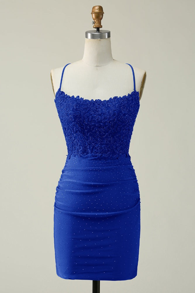 Royal Blue Straps Applique Tight Homecoming Dress with Open back Movousdress Royal Blue Straps Applique Tight Homecoming Dress with Open back Movousdress