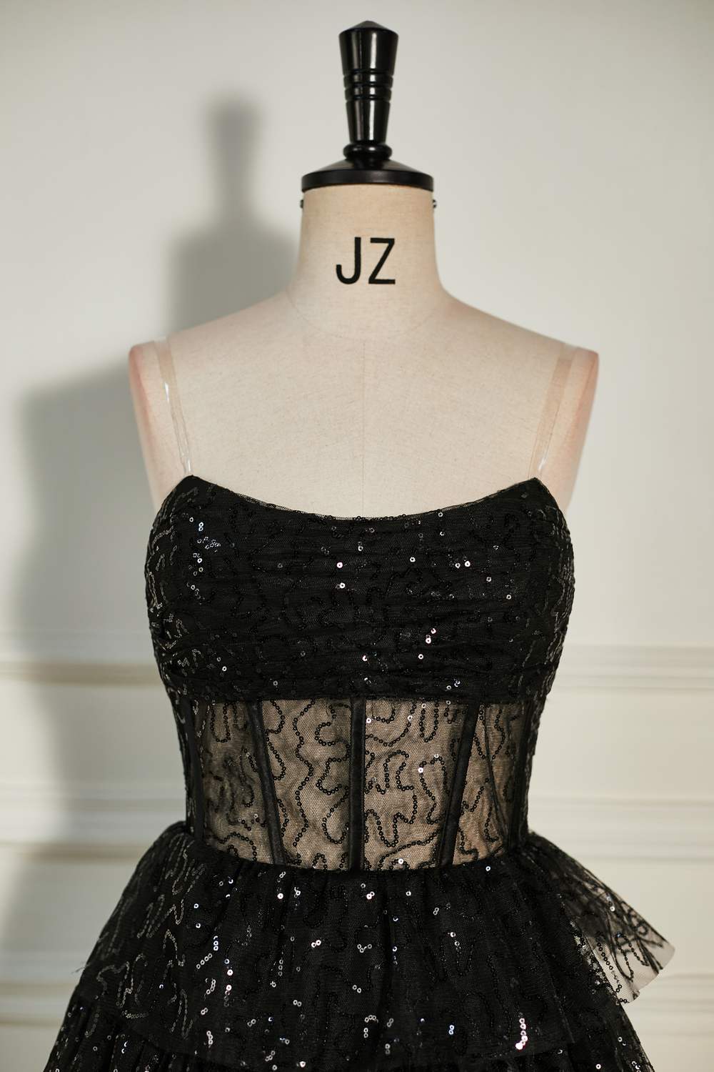 Strapless Black Lace Applique Ruffle Tulle Homecoming Dress