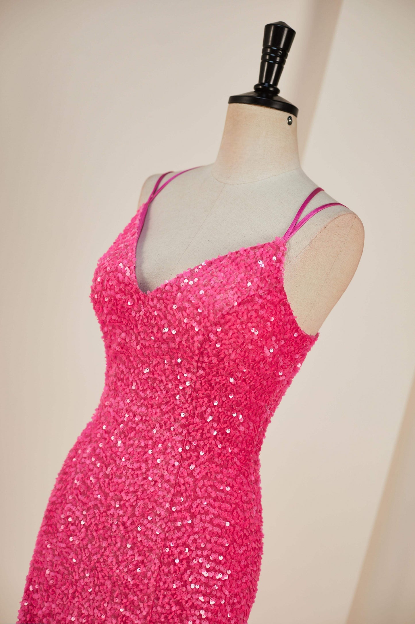 Deep V-Neck Hot Pink Sequin Sheath Criss Cross Back Homecoming Dress