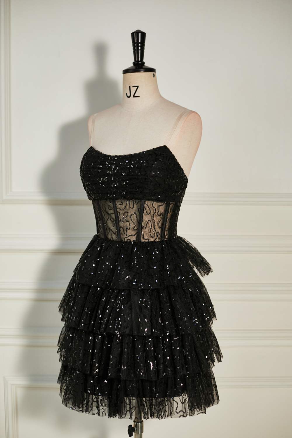 Strapless Black Lace Applique Ruffle Tulle Homecoming Dress