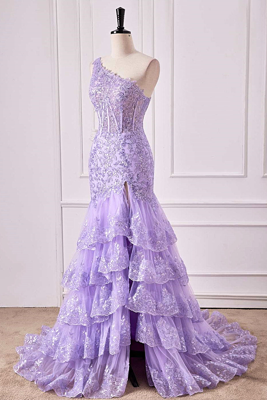 One Shoulder Lavender Lace Sequined Slit Mermaid Long Prom Dress
