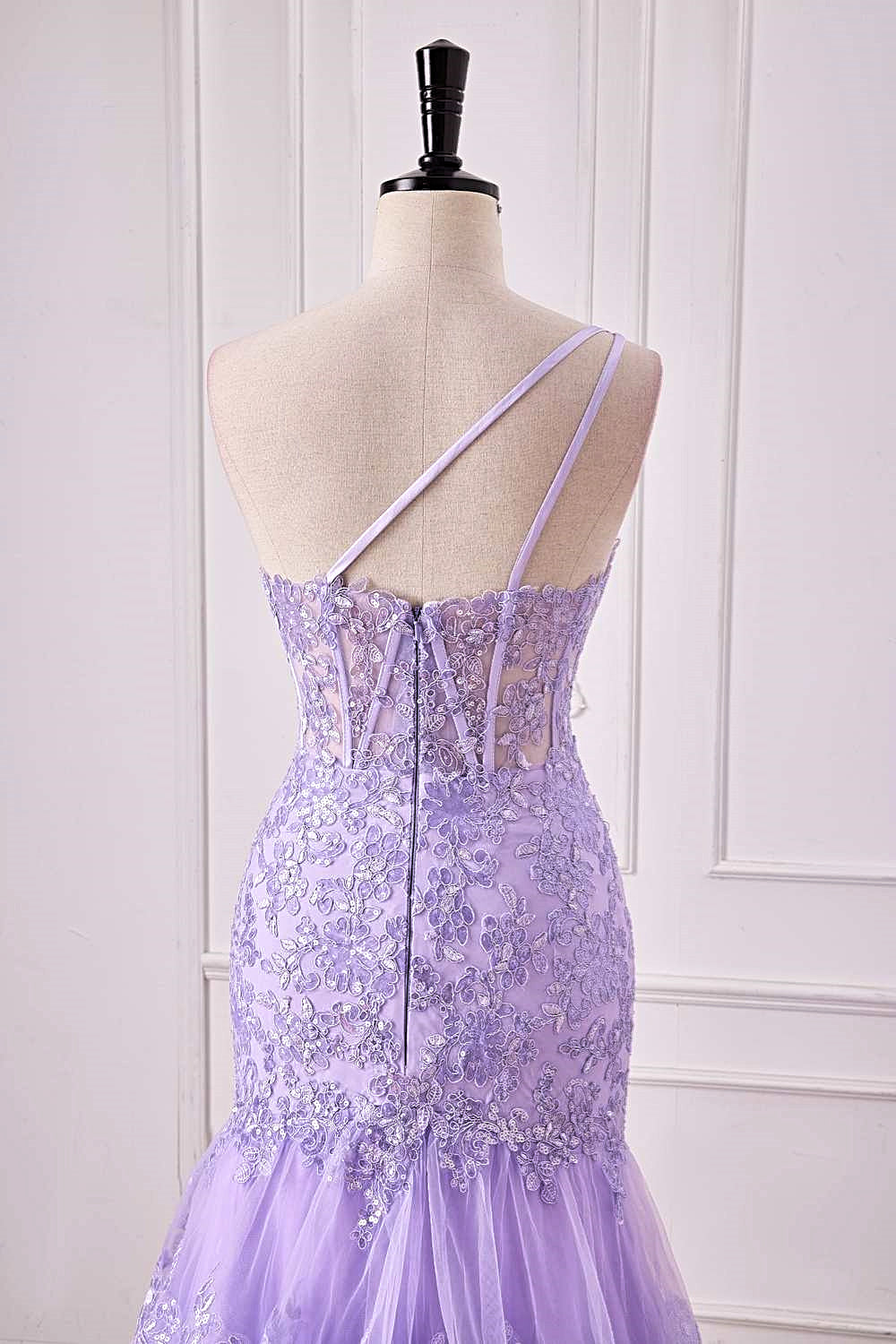 One Shoulder Lavender Lace Sequined Slit Mermaid Long Prom Dress