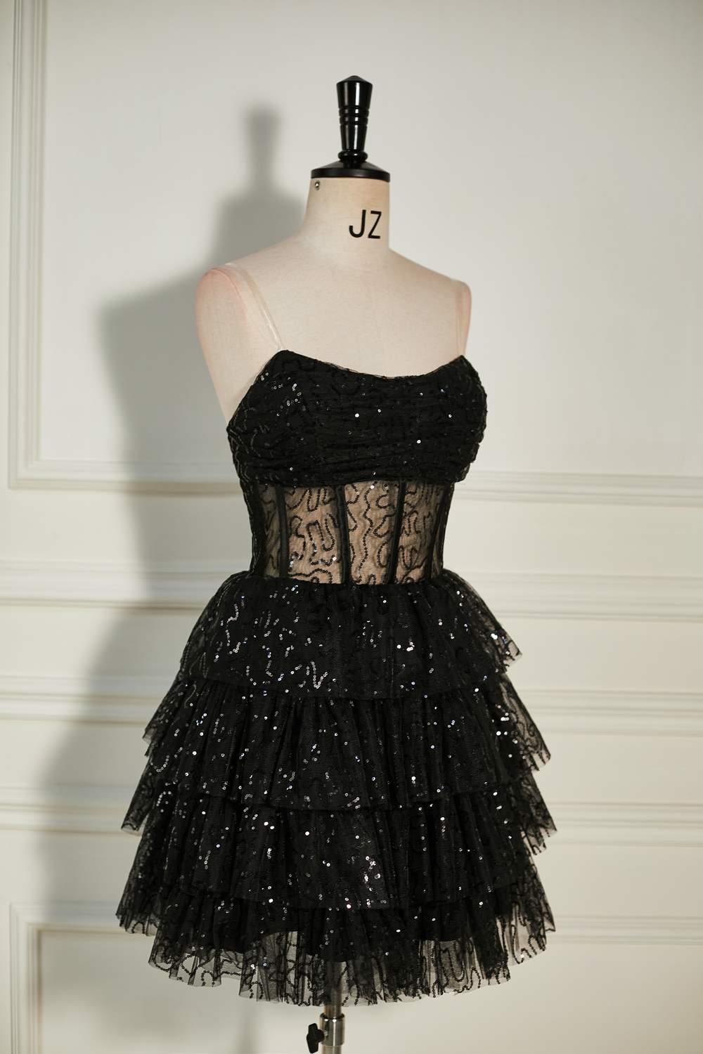 Strapless Black Lace Applique Ruffle Tulle Homecoming Dress