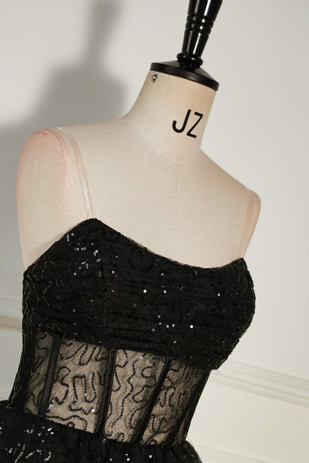 Strapless Black Lace Applique Ruffle Tulle Homecoming Dress