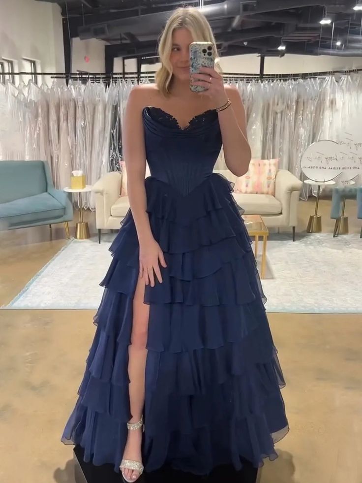 A-Line Sweetheart Strapless Tiered Formal Prom Dress