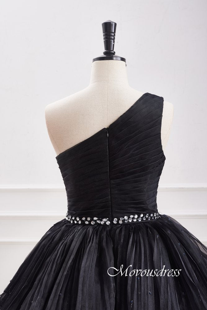 Black One Shoulder Pleated Multi-Layer Homecoming Dress