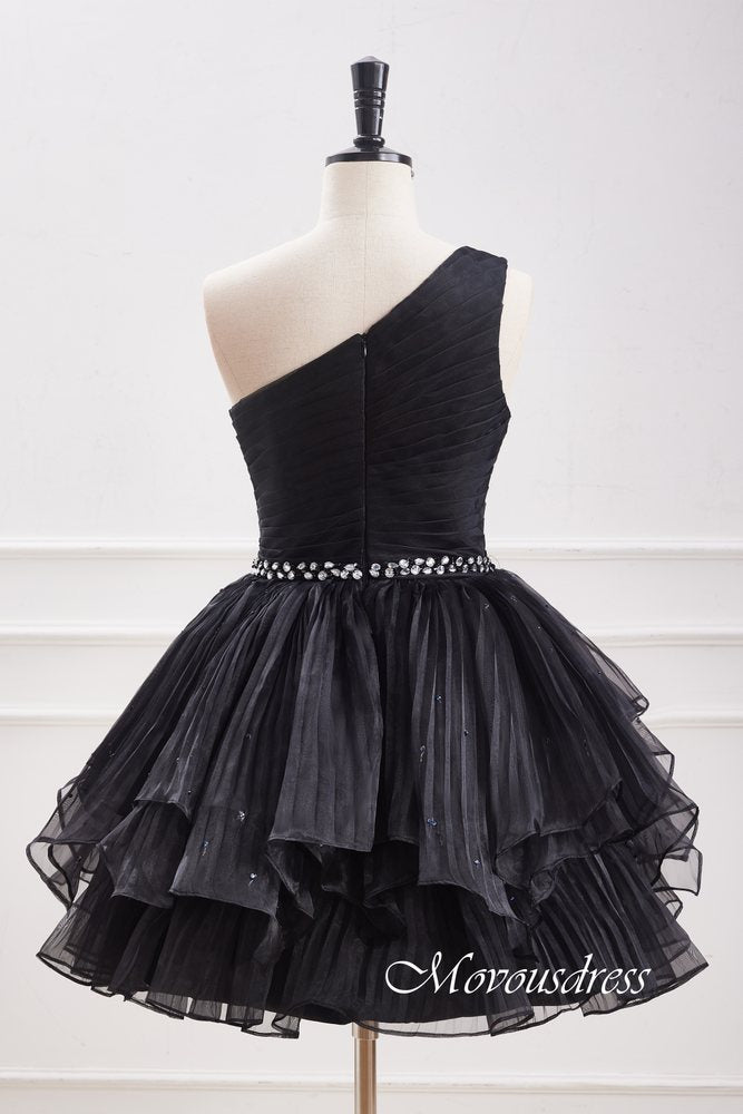 Black One Shoulder Pleated Multi-Layer Homecoming Dress