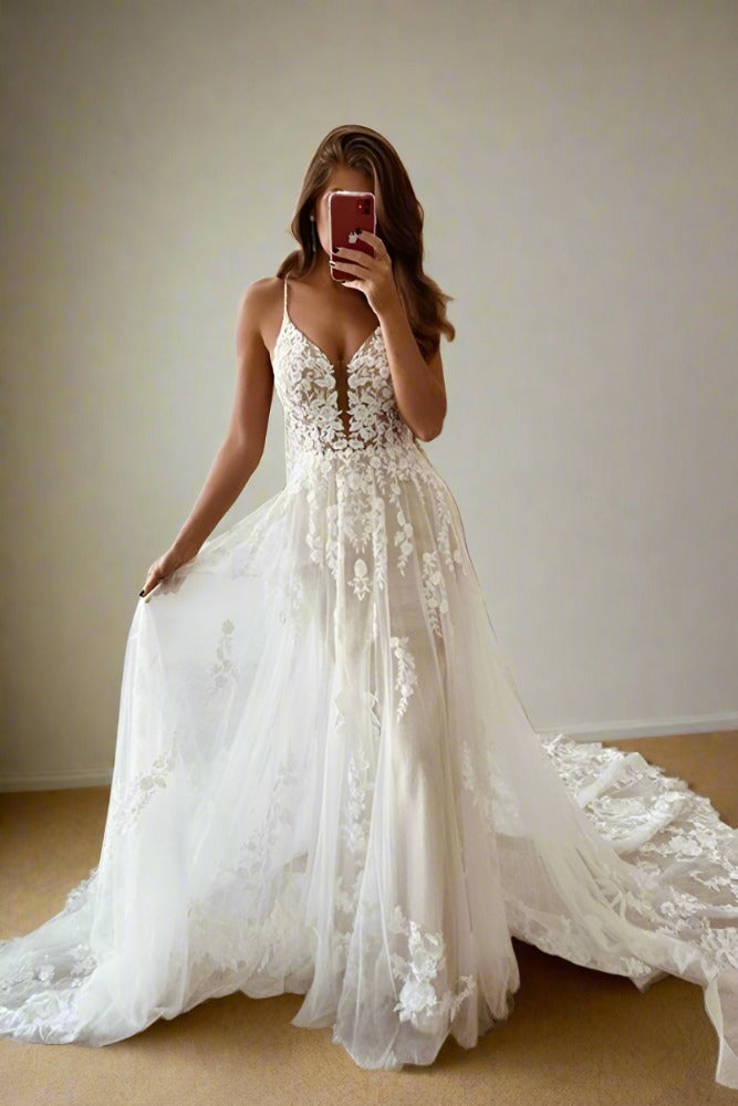 Ivory Plunging Neck Lace Long Wedding Dress