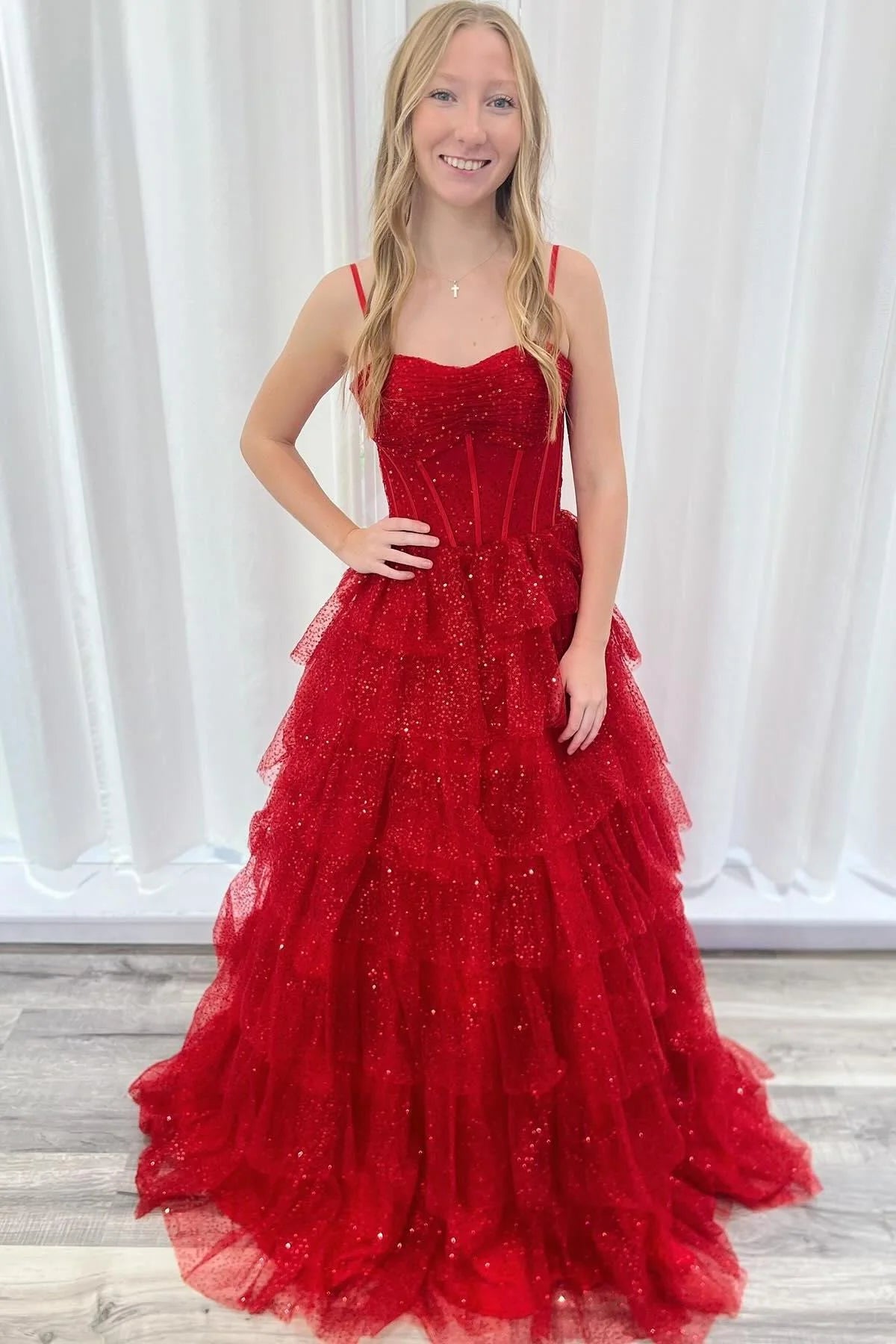 Sparkly Sweetheart Spaghetti Straps Tiered Party Prom Dress