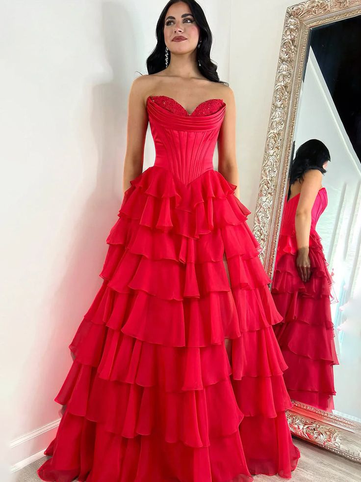 A-Line Sweetheart Strapless Tiered Formal Prom Dress