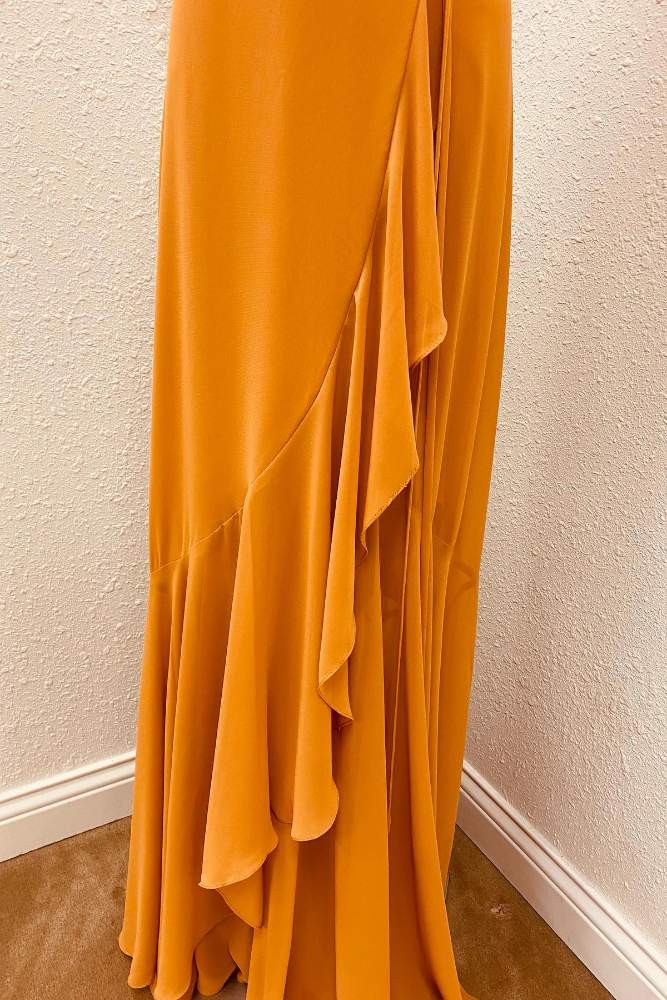 Pumpkin V-Line Ruffle Bridesmaid Dress with Slit