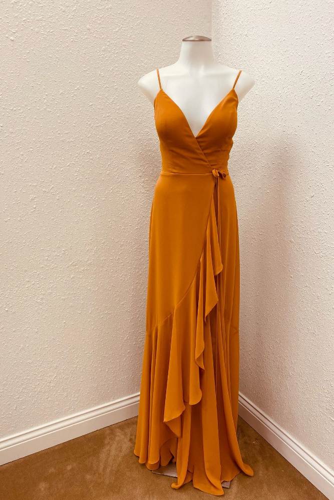Pumpkin V-Line Ruffle Bridesmaid Dress with Slit