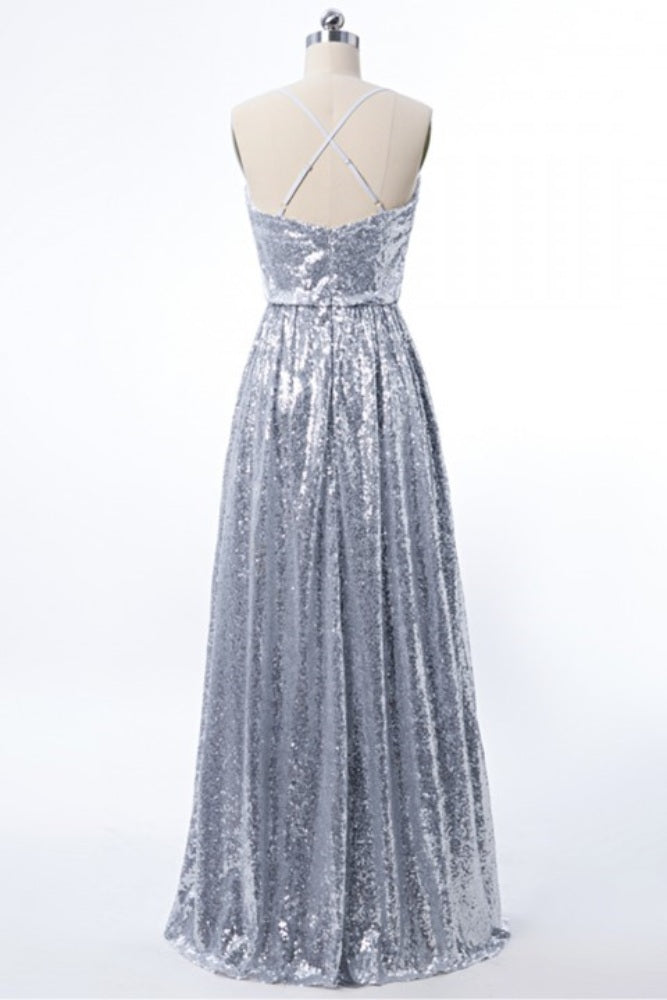 Silver Straps Sequin A-Line Long Bridesmaid Dress