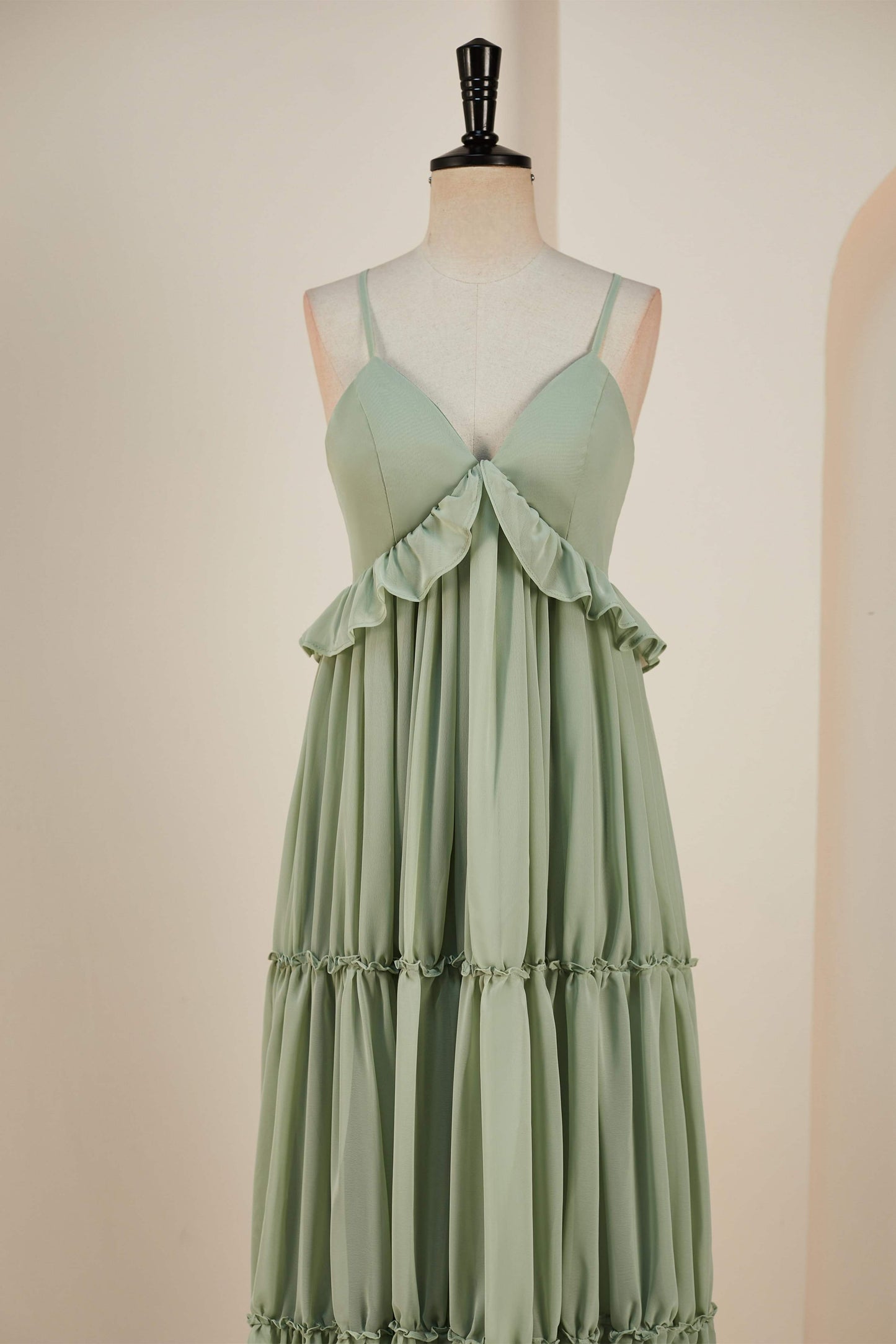 Deep V-Neck Dusty Sage Chiffon Ruffled Long Bridesmaid Dress